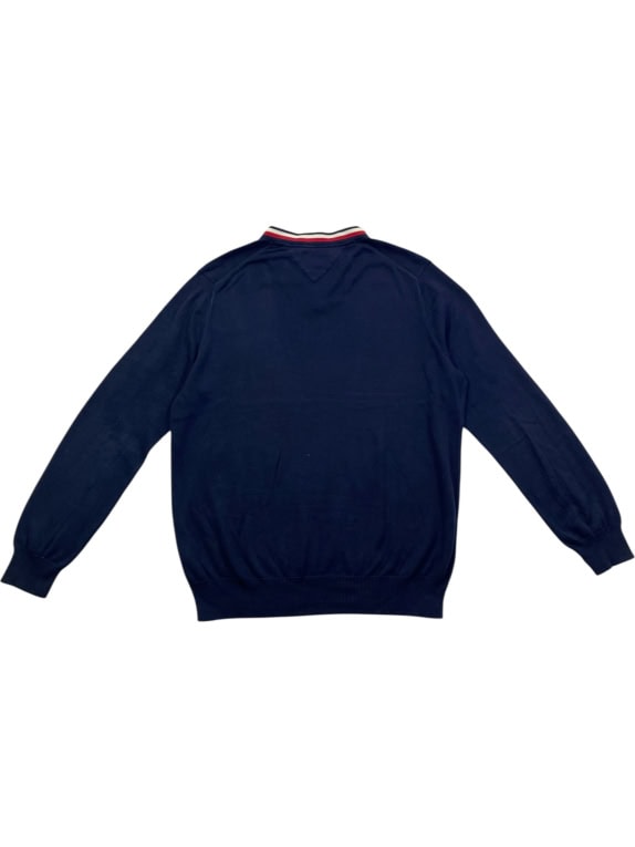 TOMMY HILFIGER ΠΟΥΛΟΒΕΡ V-NECK PREMIUM COTTON ΜΕ ΡΙΓΕΣ ΜΠΛΕ ΣΚΟΥΡΟ ΑΝΔΡΙΚΟ L