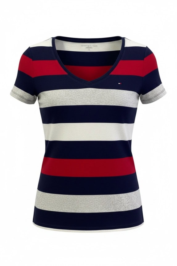 TOMMY HILFIGER T SHIRT RIGATA NAVY ROSSO DONNA PRE OWNED L