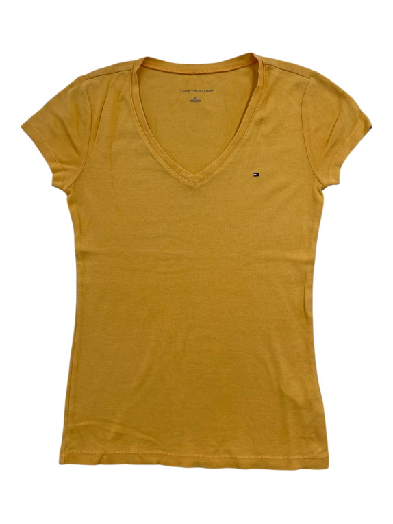 TOMMY HILFIGER T-SHIRT V-NECK CASUAL FLAG LOGO ΜΟΥΣΤΑΡΔΙ ΓΥΝΑΙΚΕΙΟ S