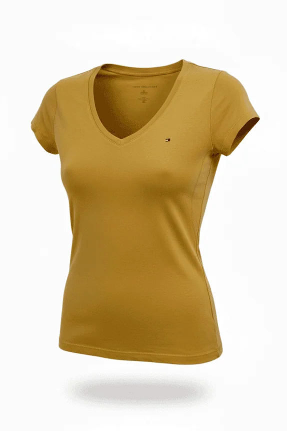 TOMMY HILFIGER T-SHIRT V-NECK CASUAL FLAG LOGO MUSTARD WOMEN'S S