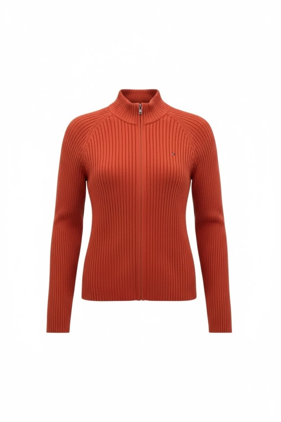TOMMY HILFIGER ZIP-UP KNIT CARDIGAN CASUAL SMALL LOGO ORANGE