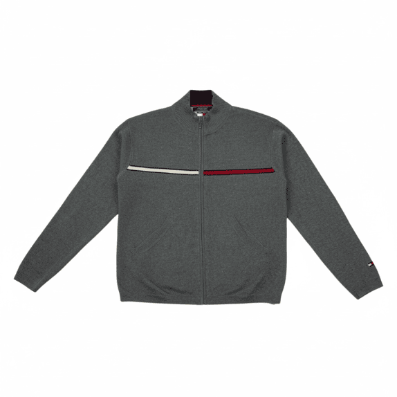 TOMMY HILFIGER ΖΑΚΕΤΑ ΠΛΕΚΤΗ ΓΚΡΙ ΜΕ ΡΙΓΑ ΣΤΟ ΣΤΗΘΟΣ