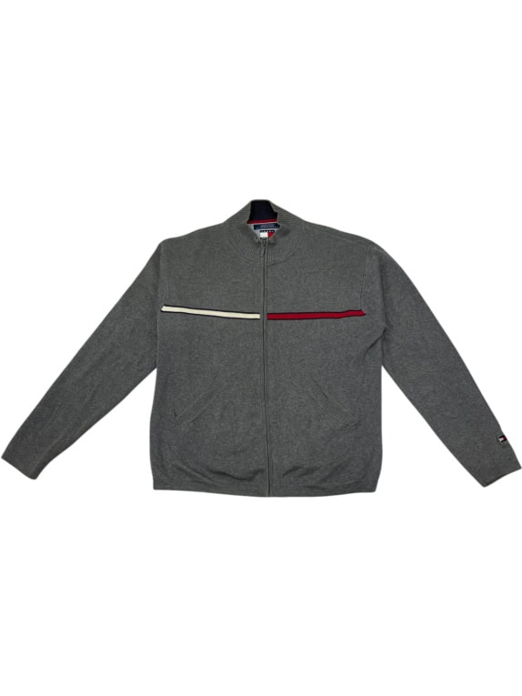 TOMMY HILFIGER GIACCA IN MAGLIA GRIGIA CON RIGA SUL PETTO
