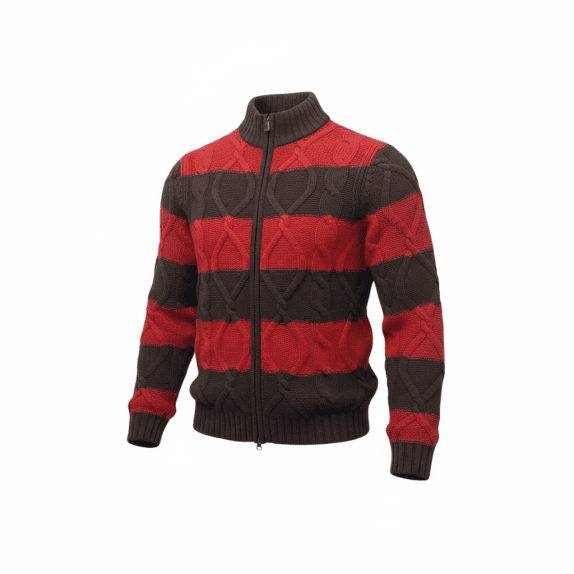 TOMMY HILFIGER giacca in maglia vintage con zip in lana d’agnello a righe rosso/marrone da uomo L