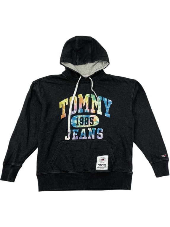 TOMMY JEANS BLACK HOODIE WITH TIE-DYE GRAPHIC LOGO