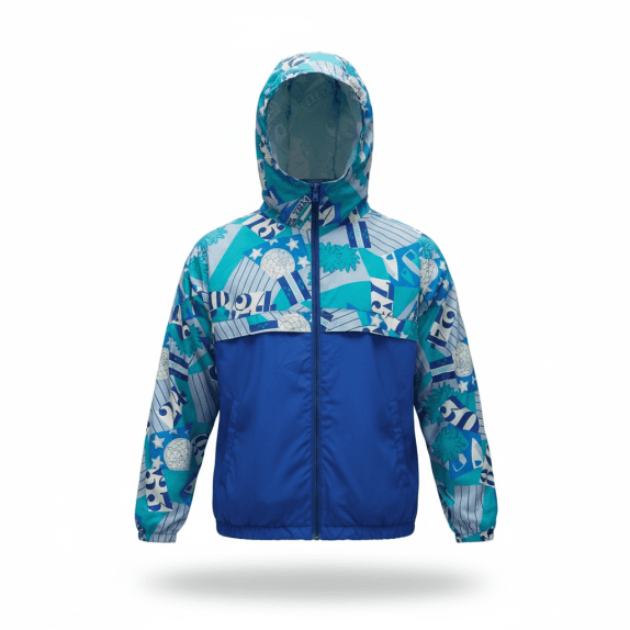 VINTAGE HOODED WINDBREAKER GEOMETRIC BLUE PRINT MEN M/L
