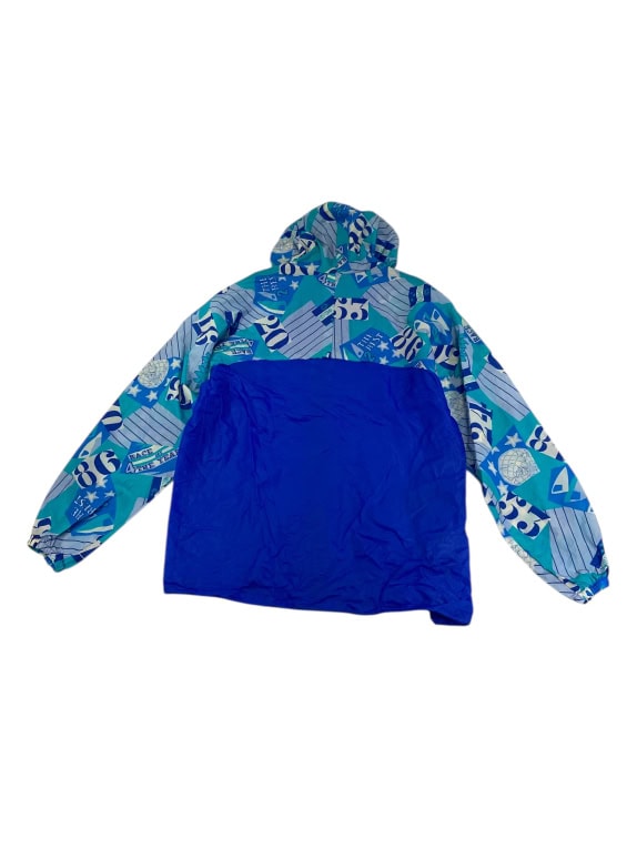 VINTAGE giacca a vento con cappuccio geometric blue print da uomo M/L