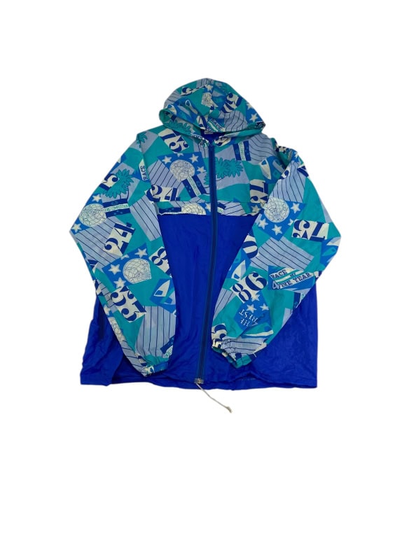 VINTAGE giacca a vento con cappuccio geometric blue print da uomo M/L