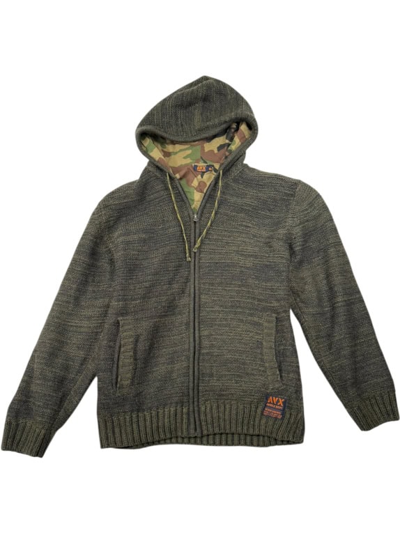 VINTAGE AVIREX DERT GIACCA/MAGLIONE LAVORATO A MAGLIA CON CAPPUCCIO KHAKI