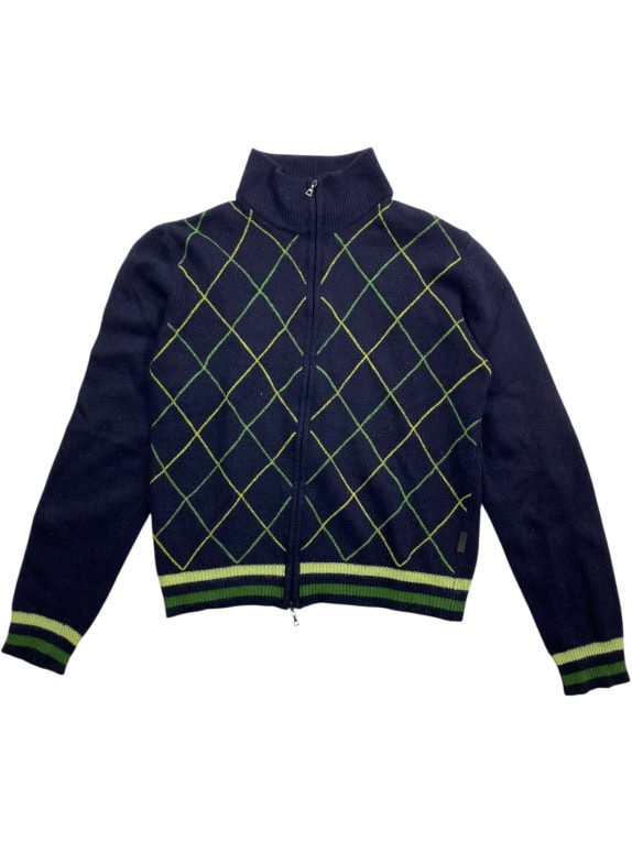 VINTAGE BELFE ZIP-UP CARDIGAN ARGYLE KNIT BLUE/GREEN WOMEN'S M