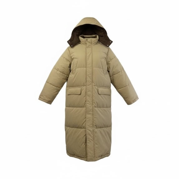 VINTAGE BRAND NOT STATED LONG PUFFER JACKET WITH HOOD BEIGE MENS L