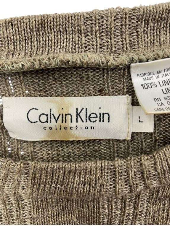 VINTAGE CALVIN KLEIN COLLECTION KNIT TOP 100% LINEN BROWN-BEIGE MEN'S L