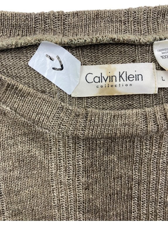 VINTAGE CALVIN KLEIN COLLECTION KNIT TOP 100% LINEN BROWN-BEIGE MEN'S L
