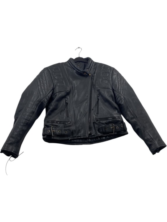 VINTAGE Vera pelle Giacca in pelle con cerniera nera da donna M