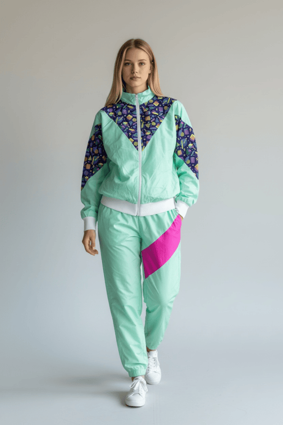 Vintage Φόρμα Σετ Tracksuit Πολύχρωμο Γεωμετρικό Μοτίβο Πράσινο Γυναικείο S