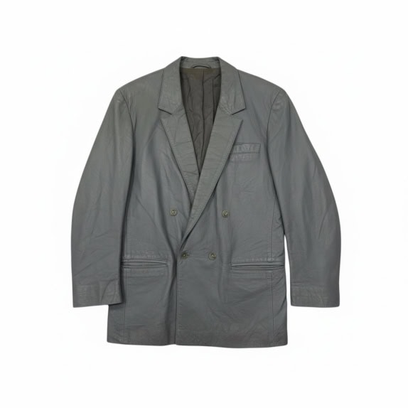 VINTAGE GREY MEN'S DOUBLE-BREASTED LEATHER BLAZER M/L