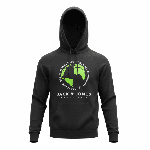 VINTAGE JACK & JONES CORE HOODIE GLOBAL COMMUNITY PRINT BLACK MEN'S L