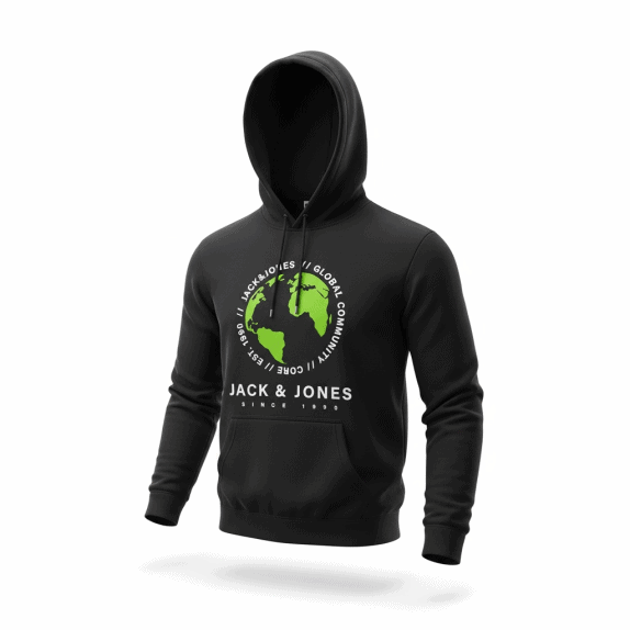 VINTAGE JACK & JONES HOODIE GRAPHIC GLOBE PRINT BLACK MEN'S M