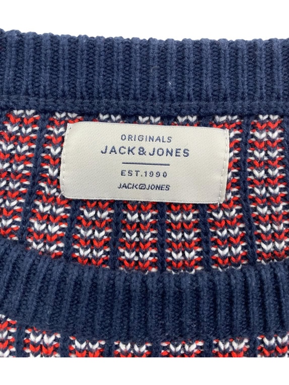 VINTAGE JACK & JONES KNITTED SWEATER PATTERN BLUE/RED MEN'S XL
