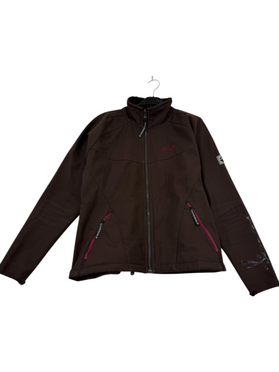 Giacca softshell vintage Jack Wolfskin marrone con dettagli fucsia da donna