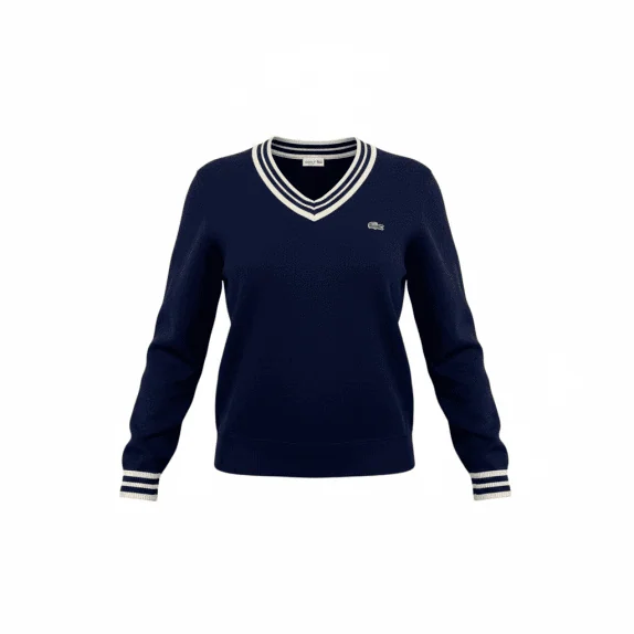 MAGLIA LAVORATA A MAGLIA VINTAGE LACOSTE CON SCOLLO A V DETTAGLI A RIGHE BLU DA DONNA M