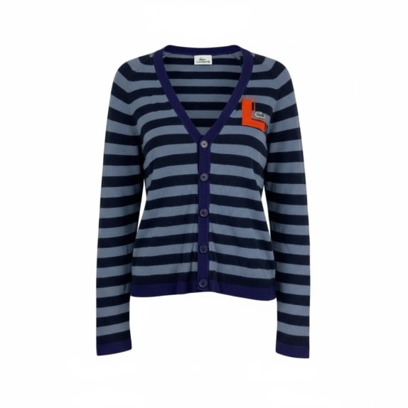 LACOSTE VINTAGE cardigan lavorato a maglia a righe blu da donna XS