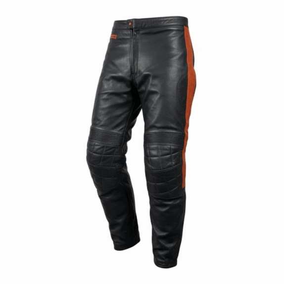 VINTAGE LEATHER RACING PANTS ΜΕ ΠΡΟΣΤΑΤΕΥΤΙΚΑ ΚΑΙ ΛΕΠΤΟΜΕΡΕΙΕΣ ΣΕ ΠΟΡΤΟΚΑΛΙ ΧΡΩΜΑ ΜΑΥΡΟ ΓΥΝΑΙΚΕΙΟ XXS