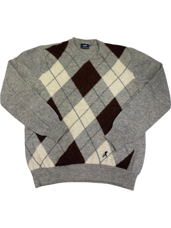 VINTAGE LOTTO KNIT SWEATER ARGYLE PATTERN GREY MEN'S S