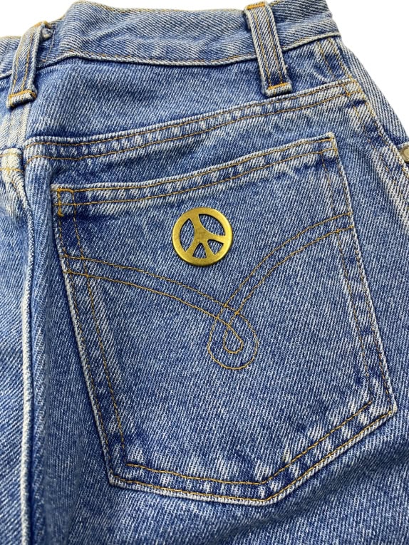 VINTAGE MOSCHINO JEANS ΨΗΛΟΜΕΣΟ ΤΖΙΝ ΠΑΝΤΕΛΟΝΙ ΜΕ PEACE LOGO ΜΠΛΕ ΓΥΝΑΙΚΕΙΟ XS