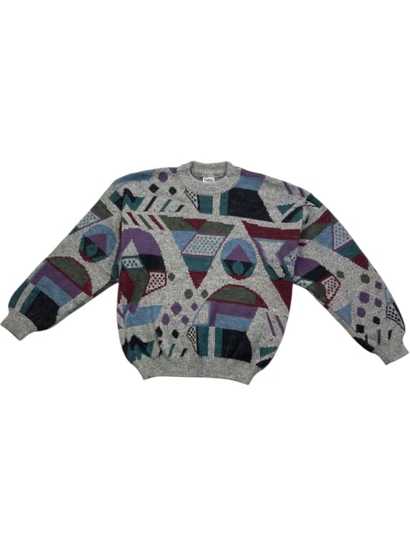Maglione lavorato a maglia vintage con motivo geometrico multicolore unisex XS