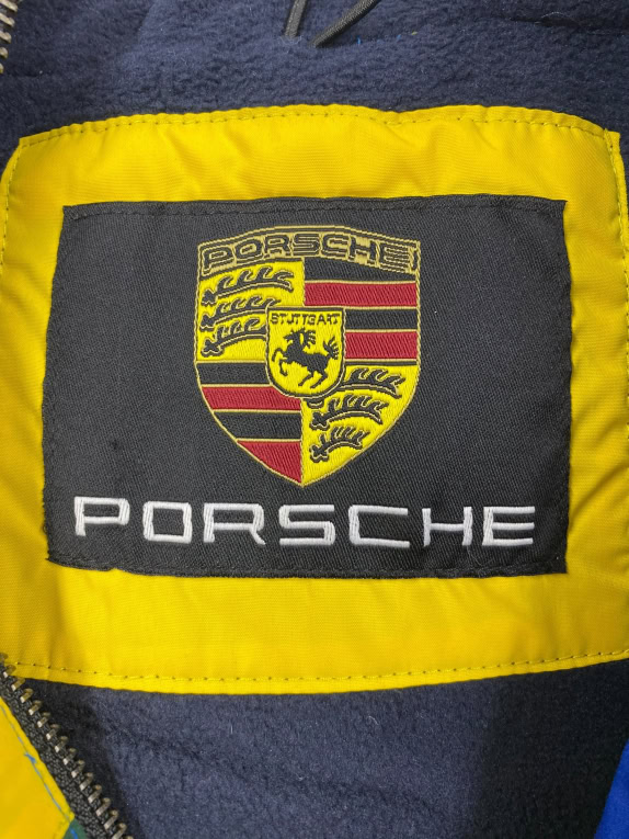 Giacca a vento vintage Porsche con cappuccio blu/giallo/verde da uomo XXL