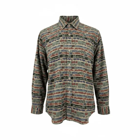 90s VINTAGE Camicia Michael Kauf con motivo di treni M/L