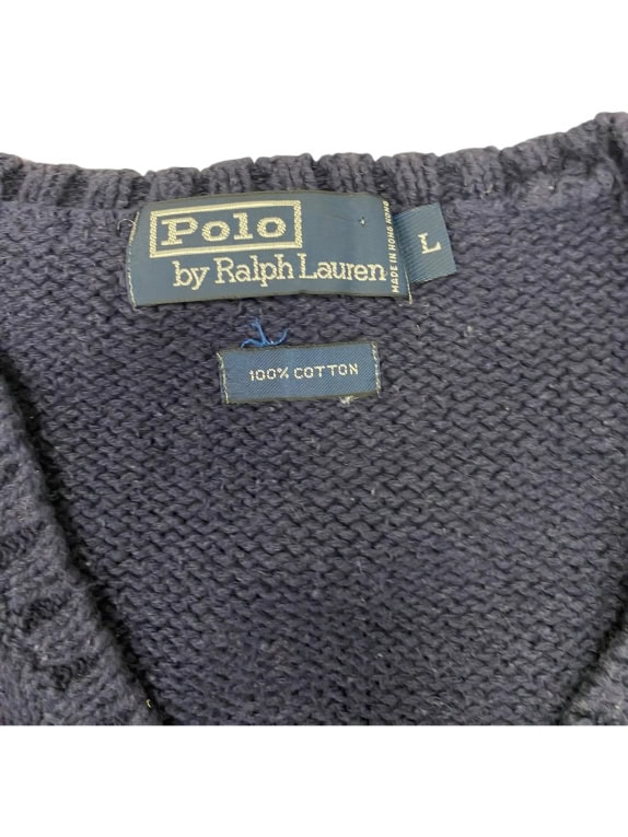 VINTAGE RALPH LAUREN PULLOVER SMANICATO CON SCOLLO A V BLU DA UOMO L