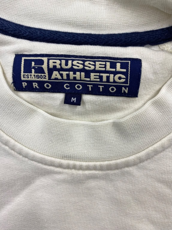 Felpa vintage Russell Athletic Pro Cotton con logo ricamato off-white da uomo M