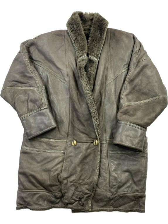 Cappotto in pelle shearling vintage marrone/oliva (XL-XXL)