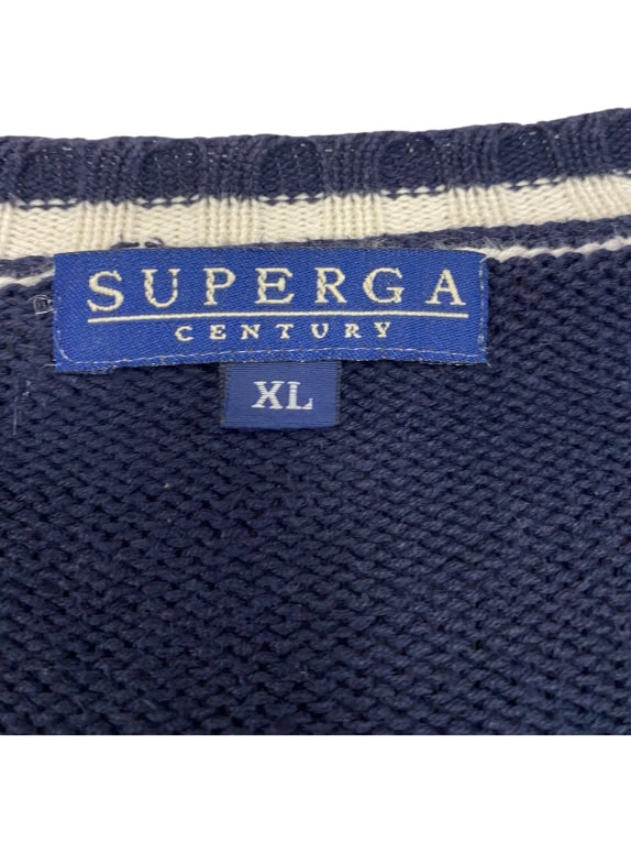 MAGLIA LAVORATA A MAGLIA VINTAGE SUPERGA CENTURY CON SCOLLO A V A RIGHE BLU DA UOMO XL