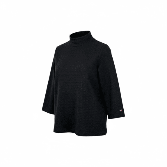 VINTAGE Tommy Hilfiger Μπλούζα Μαύρη με Φερμουάρ, Ψηλό Γιακά και 3/4 Μανίκι - XS