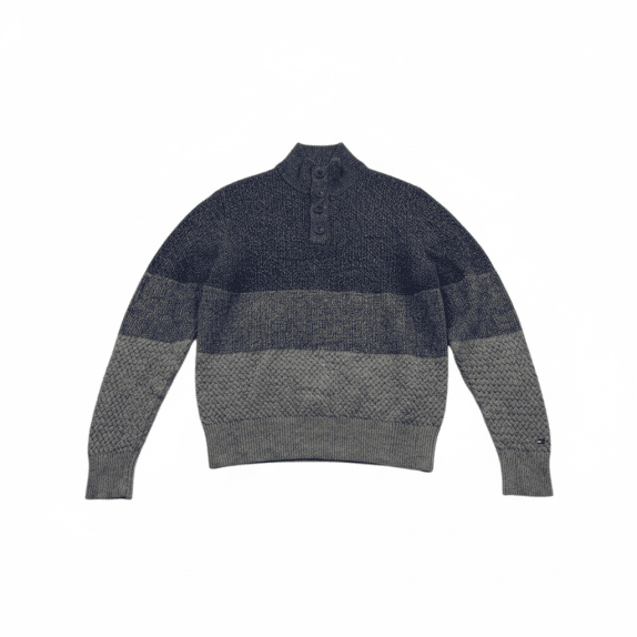 VINTAGE TOMMY HILFIGER MAGLIONE LAVORATO A MAGLIA CON BOTTONI BLU GRIGIO DA UOMO L