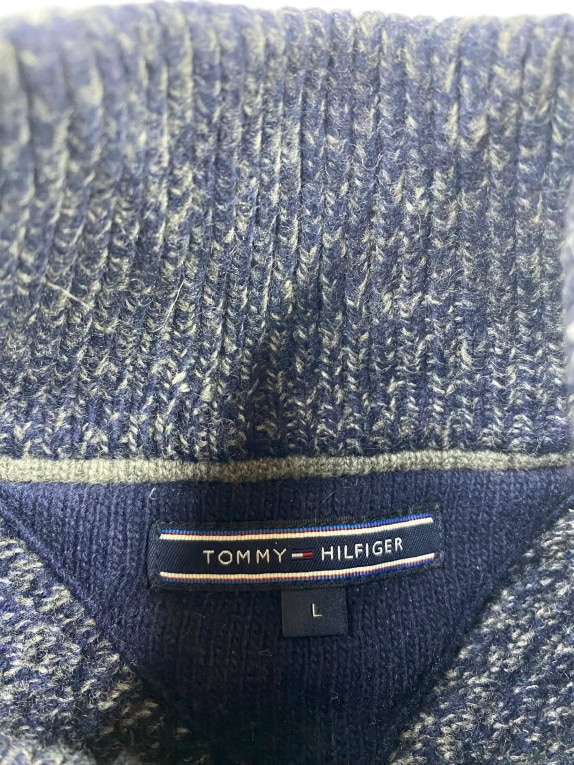 VINTAGE TOMMY HILFIGER MAGLIONE LAVORATO A MAGLIA CON BOTTONI BLU GRIGIO DA UOMO L