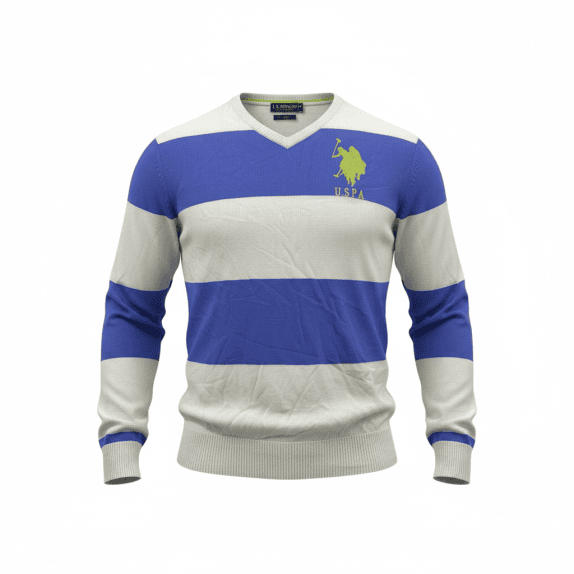 VINTAGE U.S. POLO ASSN. ΠΛΕΚΤΟ ΠΟΥΛΟΒΕΡ ΡΙΓΕ ΛΕΥΚΟ ΜΠΛΕ ΑΝΔΡΙΚΟ L