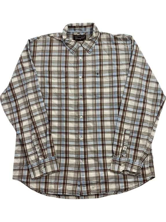 WRANGLER SHIRT CASUAL CLASSIC CHECKED EMBROIDERED LOGO BROWN/LIGHT BLUE MEN'S XL