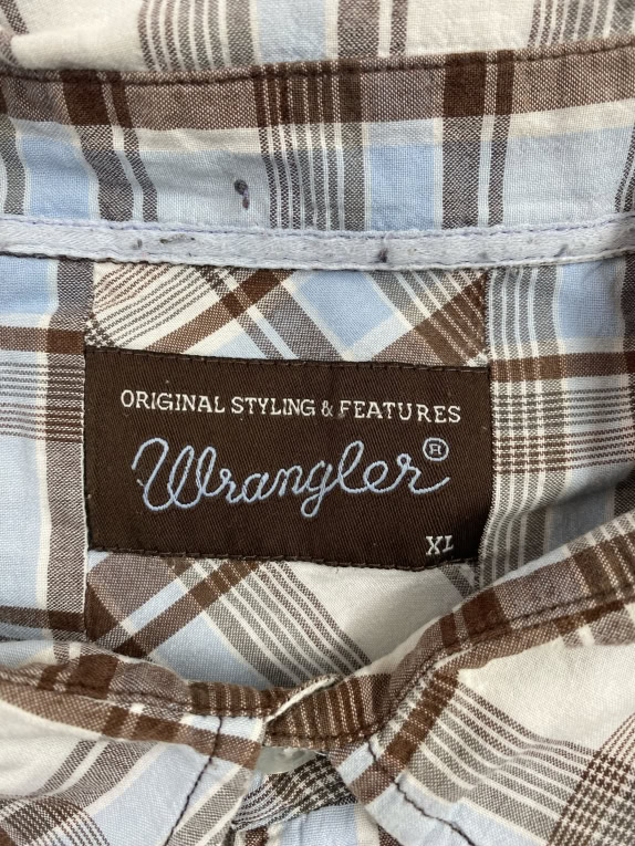 WRANGLER SHIRT CASUAL CLASSIC CHECKED EMBROIDERED LOGO BROWN/LIGHT BLUE MEN'S XL