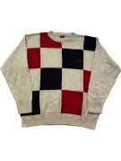 HUGO BOSS ΠΛΕΚΤΟ ΠΟΥΛΟΒΕΡ RETRO PATCHWORK ΜΠΕΖ ΜΑΥΡΟ ΚΟΚΚΙΝΟ ΑΝΤΡΙΚΟ PRE OWNED XL