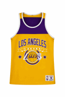 1990s MITCHELL AND NESS TANK TOP BASKETBALL LOS ANGELES LAKERS YELLOW AND PURPLE MEN PRE OWNED M
