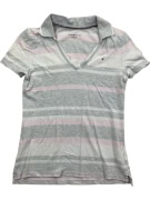 TOMMY HILFIGER Women’s Striped Polo Shirt Vintage Logo Grey Pink White Women’s S